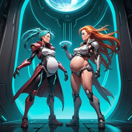 Prompt: Crono and Marle performing a dual tech, Elon Musk as a pregnant woman, futuristic sci-fi setting, detailed character designs, highres, anime, intense action, vibrant color palette, dramatic lighting, futuristic technology, magical effects, unique concept, professional artwork