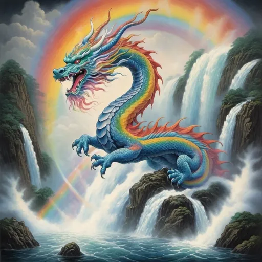 Prompt: japanese celestial rainbow cloud dragon flying through an astral waterfall, feudal japanese artwork, rainbow pastels