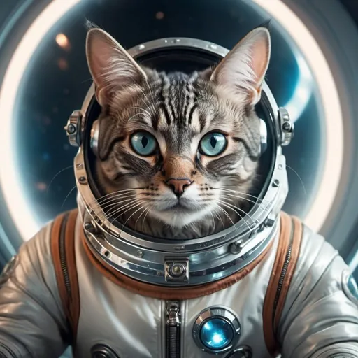 Prompt: Regal cat in space suit disciplined by hormonal man, time travel, futuristic setting, detailed fur with reflections, intense gaze, high-tech space suit, time travel concept, sci-fi, professional, atmospheric lighting, highres, ultra-detailed, futuristic, detailed eyes, sleek design, cool tones, disciplined man