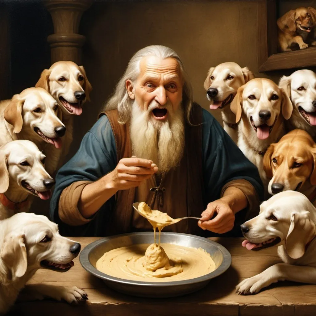 Prompt: Leonardo da Vinci-style painting of an old man eating hummus, ten dogs taking turns farting, Renaissance, detailed facial expressions, oil painting, humorous scene, warm tones, soft lighting, aged textures, high quality, detailed, Renaissance style, humorous concept, authentic brushwork