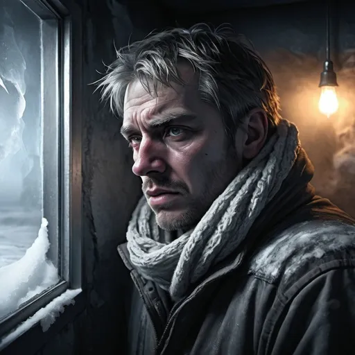Prompt: Man feeling warm in corner, frozen wasteland 4ft away, apocalyptic setting, contrasting temperature, detailed facial expression, realistic digital art, warm vs cold, intense emotions, high-res, realistic, apocalyptic, contrast, detailed face, warm atmosphere, frozen wasteland, digital art, intense emotions, emotional contrast, detailed facial expression, distant frozen room, realistic lighting, temperature contrast, atmospheric digital art
