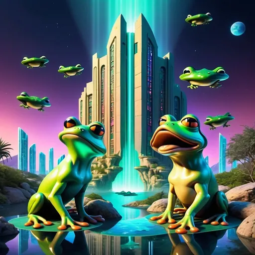 Prompt: Big money dog in a towering mansion in the hills of Atlantis, futuristic city below, frogs flowing chi from neolithic monolith in conscious space, 3D rendering, ultra-detailed, futuristic, towering mansion, highres, surreal, mystical lighting, vibrant colors, detailed cash stack, detailed frog faces, city lights casting surreal glow