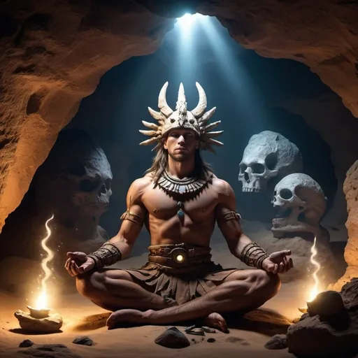 Prompt: a prehistoric warrior with magical armaments in a desert cave meditating in the darkness