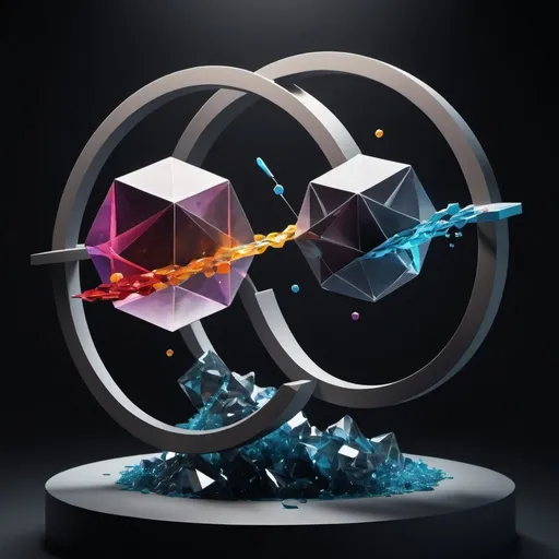 Prompt: two circular planes being ripped in half by a 3 dimensional double helix, while a hexahedron with hexagonal prisms floats in the center between the two planes, 3d sculpture, futuristic, scientific, photorealistic, bright and dark colors