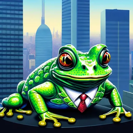 Prompt: Big-time frog, corporate boss, luxurious office setting, detailed frog features, high-quality, digital illustration, formal business attire, upscale office furniture, opulent decor, confident demeanor, city skyline view, professional lighting, vibrant colors, business executive, highres, ultra-detailed, digital art, luxurious, amphibian, corporate, confident pose, professional attire