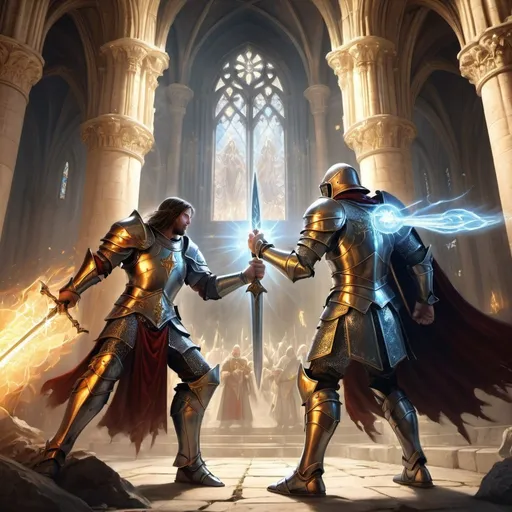 Prompt: Paladin vs Cleric battle, godking's ascendancy, divine energy clash, ethereal cathedral backdrop, epic fantasy art, radiant armor and holy symbols, intense expression, mystical chanting, high energy duel, powerful aura, divine light, surreal atmosphere, high fantasy, epic clash, medieval gothic, intense action, detailed armor, supernatural battle, divine power, intense lighting
