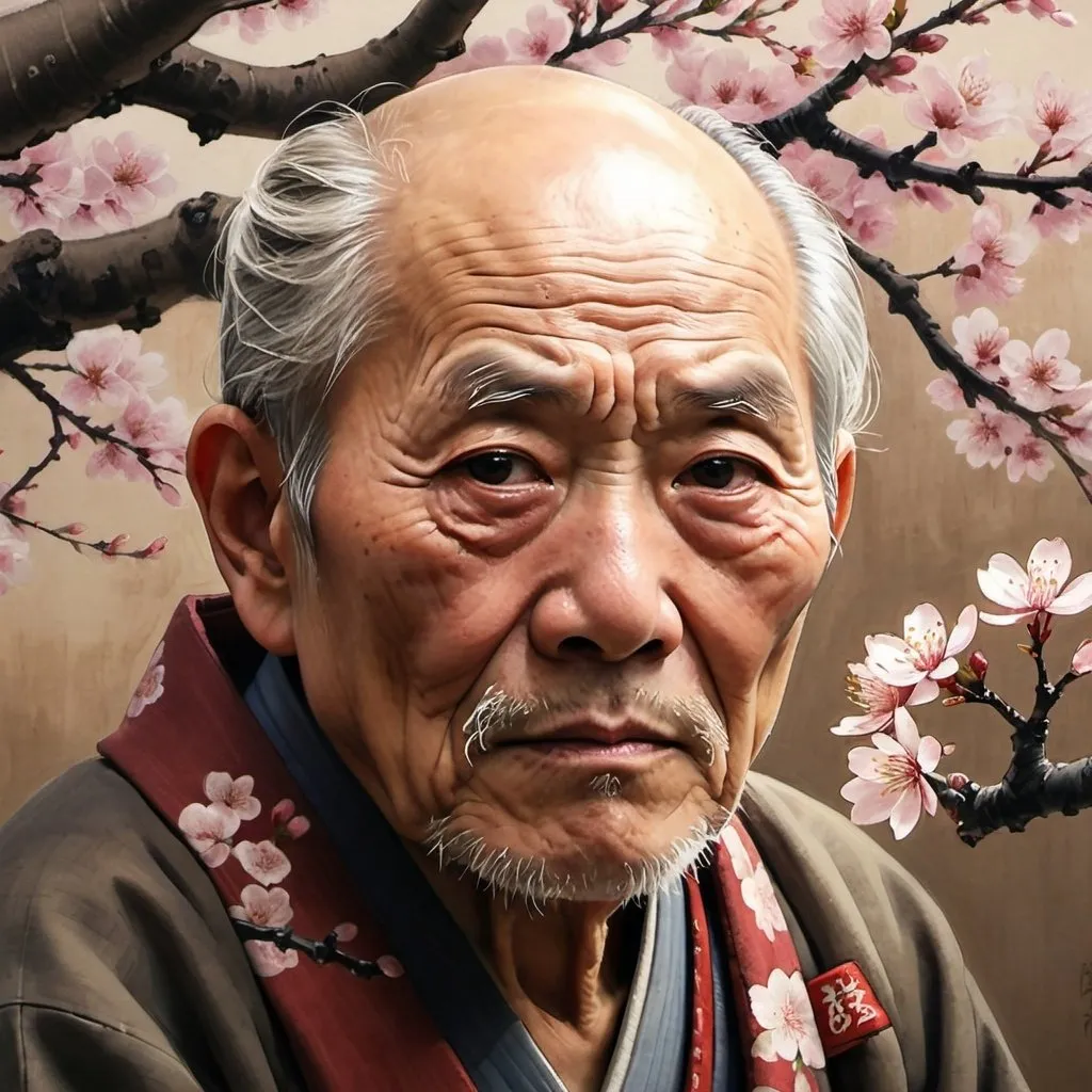 Prompt: Old man with a cunning plan in Japan, traditional Japanese painting, cherry blossom tree in the background, wrinkled and wise, determined expression, intricate details, traditional art style, warm earthy tones, dramatic lighting, atmospheric, high quality, detailed, traditional, cunning look, cultural, cherry blossom, wise old man, intricate painting