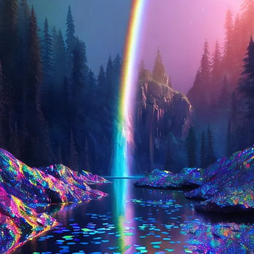 Prompt: Prismatic rainbow light waterfall with tiny mirrors, moonlit, serene scene, materials using reflective surfaces, high quality, digital painting, tranquil, mystical, moonlit, prismatic rainbow light, detailed reflections, serene atmosphere, reflective surfaces, moon glow, waterfall, tiny mirrors, peaceful, serene