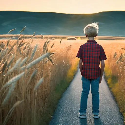 Prompt: a young boy wearing red plaid shirt, short blonde straight hair, blue jeans and white high top sneakers with red stripe down the back, stands on road looking at sunset on a Montana road with tall fields of grass and wheat on either side looking into the distance, in dynamics, highly detailed, packed with hidden details, style, high dynamic range, hyper realistic, dramatic light, realistic attention to detail, highly detailed, 8k, UHD:: a majestic electric blue and emerald green blending wispy sky, volumetric stylized cumulus clouds light up the sky. A wide centered at top circular tornado grabs the colorful sky and clouds as it spins ferociously narrowing as it hits the ground flowing from top to bottom in the shape of an upside down triangle. The tornado and sky fill the top 85 percent of the image. the bottom 15 percent is where the needle of the tornado touches down. In 1-point perspective from the bottom back emerges a slate blue road, wide-angle shot, 8k,VFX, octane render, unreal engine, Diffraction Grading, astrophotography, powerfully stunning, powerful, exuding a force of nature, molecular, textures, iridescent and luminescent scene, breathtaking beauty, pure perfection, divine presence, unforgettable beauty, breathtakingly scary, volumetric electric blue light, auras, golden rays, vivid color reflections, Ray Tracing Reflections, high contrast, cinematic lighting, deep rich color masterpiece, sharp focus, ultra detailed, captured in the style of famous photographer Michael Muller, Canon 16-35mm f/22, HD, 32k resolution, Shutter speed: 1/1000 of a second, ISO: 1000