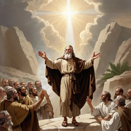 Prompt: Elijah at mount Carmel entreating Israel to return to God

