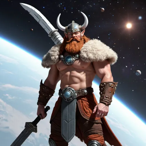 Prompt: space viking with sword spaceship in background