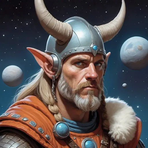 Prompt: A space viking with normal ears in the style of Michael Whelan