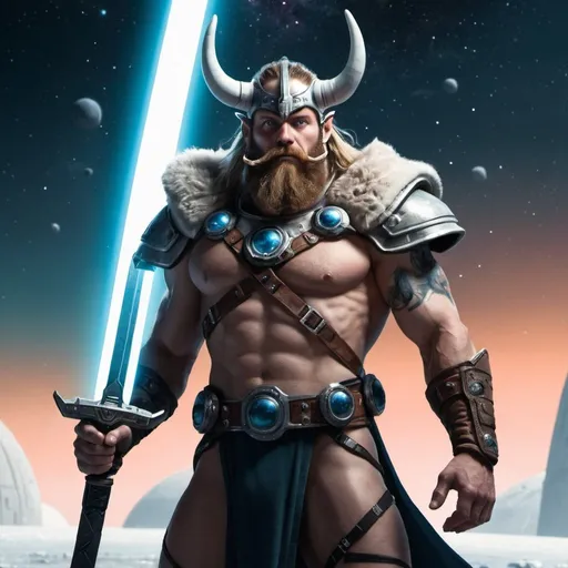 Prompt: a space viking holding a sword and a spaceship in background