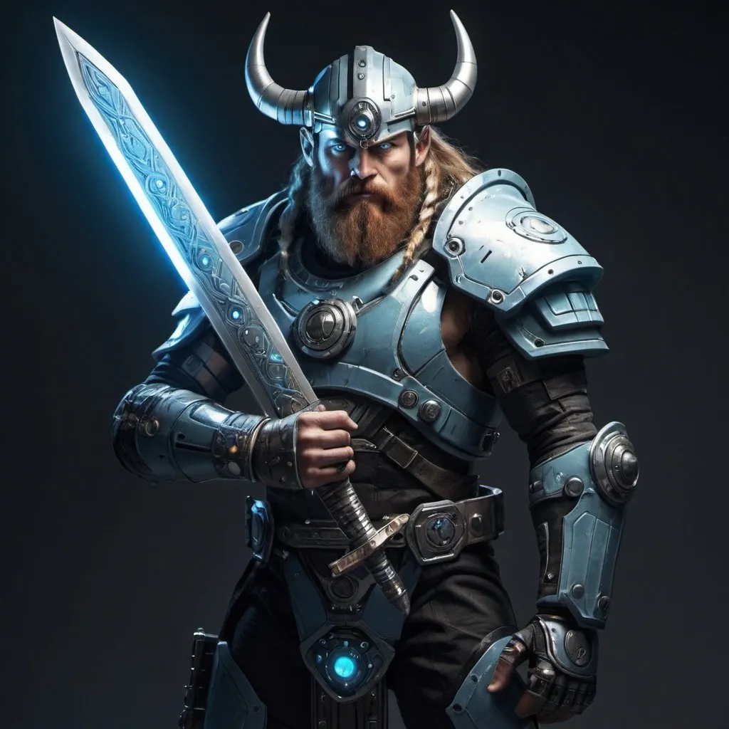 Prompt: a space viking holding a cybernetic sword 