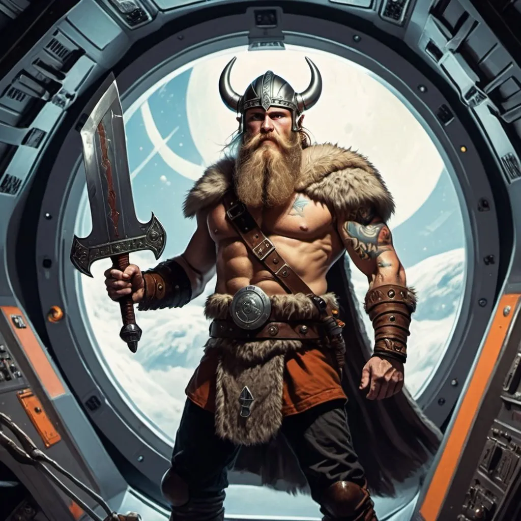 Prompt: Viking with a sword on a spaceship, science-fiction, pulp style