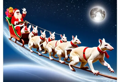 Prompt: a santa claus sleigh with 6 white kangaroos in pulling the sleigh through the air, the night sky and a full moon in the background, photo