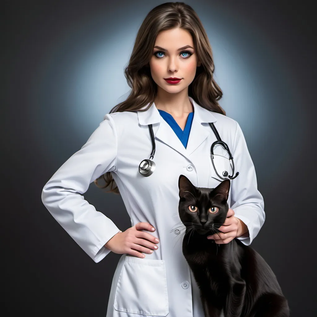 Prompt: Brunette supergirl wearing a white doctor coat and black cat along with her 