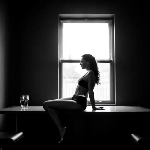 Prompt: Silhouette of a model sitting on a bar stool, elegant and poised posture, minimalistic, monochromatic color scheme, chiaroscuro lighting, high contrast, moody ambience, high quality, professional, elegant silhouette, bar setting, minimalistic style, chiaroscuro lighting, monochromatic, moody atmosphere