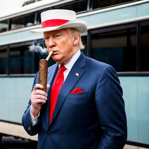 Prompt: Donald Trump in iconic blue suit, red tie, and ball hat, smoking a cigar, getting ready to board a new bus, coke in hand, realistic painting, detailed facial features, 4k ultra-realistic, realistic, detailed suit, confident stance, political figure, iconic red tie, professional lighting, realistic portrait