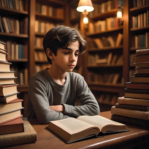 Prompt: (boy in a thoughtful pose), (inspired by Forough Farrokhzad), (surrounded by books in French), warm and cozy ambiance, (soft lighting), background with a richly decorated room, shelves filled with classic literature, soft textures and colors, (ultra-detailed, 4K), nostalgic atmosphere, love for poetry and linguistics.