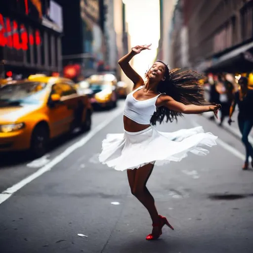 Prompt: a woman dancing on the street in new york city