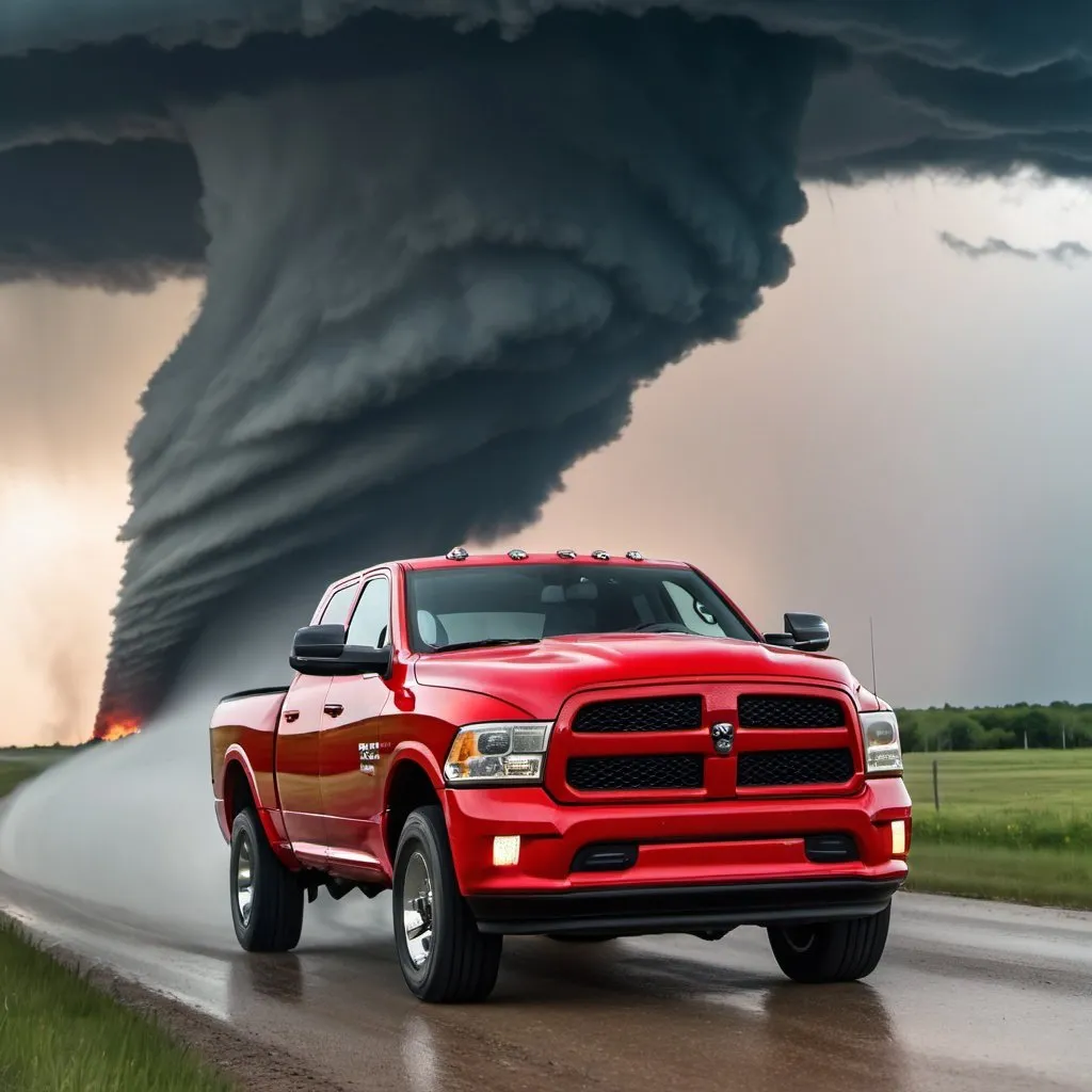 Prompt: A 4K photograph of a red 2nd gen dodge ram running from a ef2 stovepipe tornado on a county road