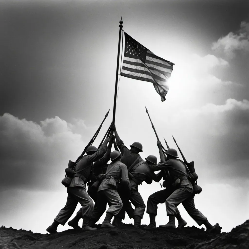 Prompt: A 4K photograph of the soldiers lifting the flag in Iwo Jima. Black and white lighting, side facing.