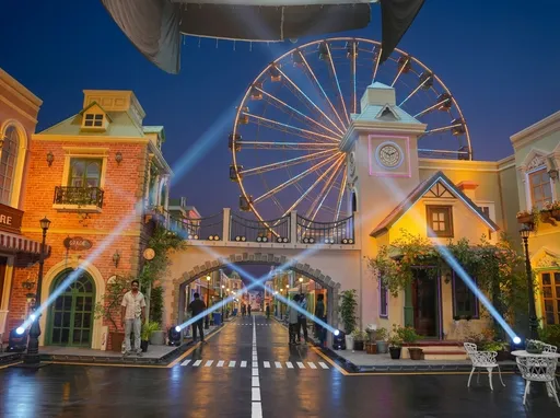 Prompt: extend the background and roads similar to foreground buildings  far away a giant wheel  , remove blue screen