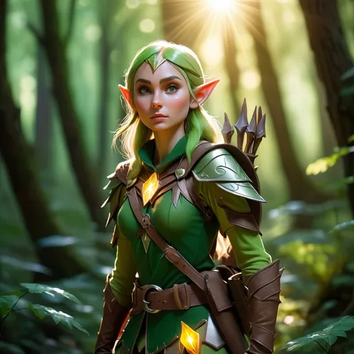 Prompt: Elf ranger in a mystical forest around sunlight