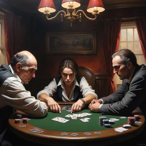 Prompt: Life-and-death poker game, intense facial expressions, high-stakes atmosphere, dramatic lighting, oil painting, detailed card hands, intense gaze, life-or-death tension, high quality, dramatic realism, intense shadows, high-stakes, oil painting, detailed expressions, dramatic lighting