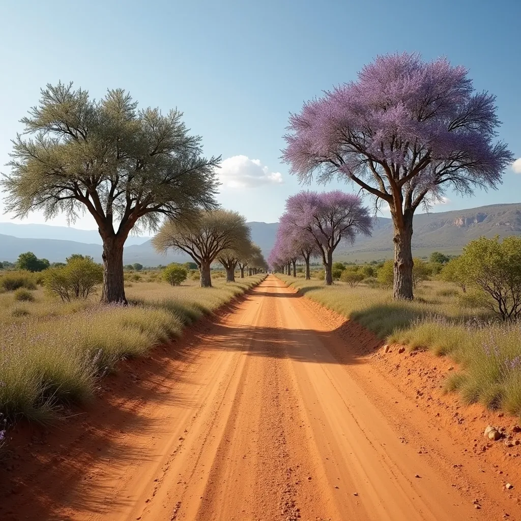 Prompt: Walking on a dirt road with acacia and jacaranda