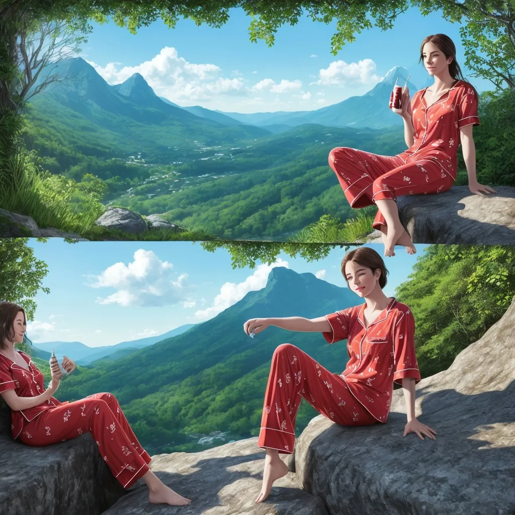 Prompt: (pajamas and a coke), (a scenic mountain landscape), high-quality details, (lush greenery), (blue skies), warm and inviting ambiance, (serene atmosphere), a person lounging on a rocky ledge, (relaxed posture), soft sunlight casts gentle shadows, vivid color tones, ultra-detailed, capturing a cozy moment in nature.