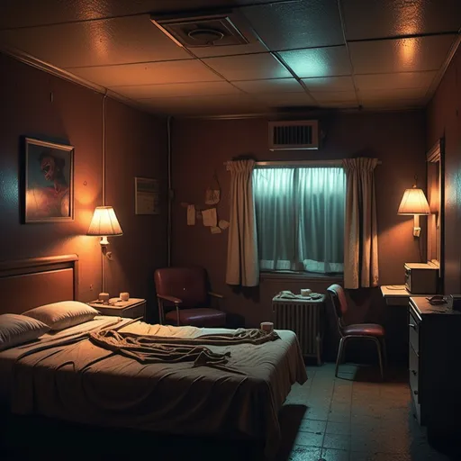 Prompt: (low budget motel scene), (grimy atmosphere), dim lighting, unsettling ambiance, cheap furniture, flickering neon signs outside, unkempt bed linens, subtle details of wear and tear, murky colors, gritty aesthetic, voyeuristic tension, (HD quality), (realistic depiction)