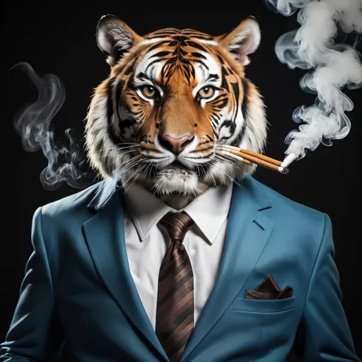 Prompt: Bengal tiger  with suit and glasses smoking cigarettes looking cool