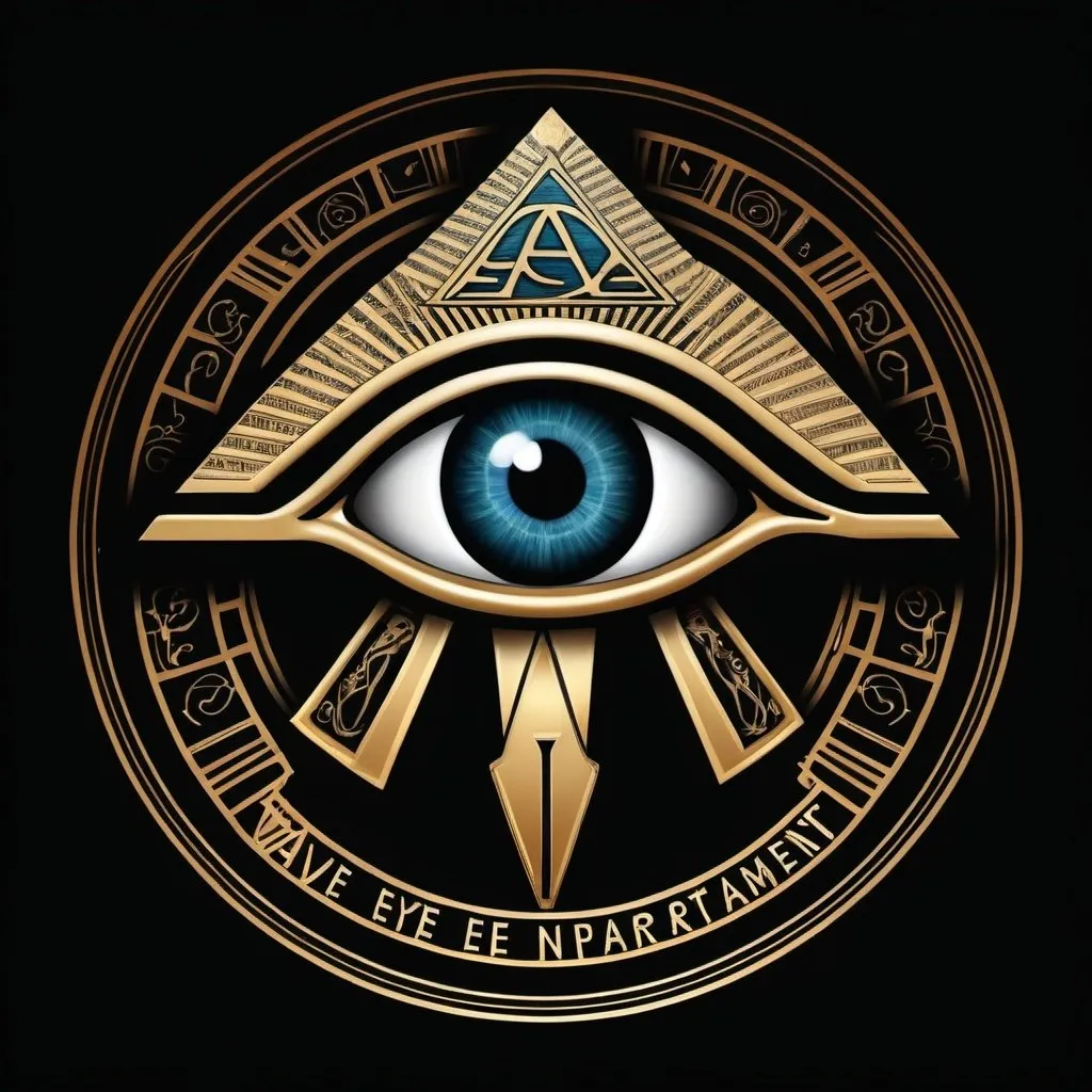 Prompt: A movie production company logo for, Aye Eye Entertainment Productions that incorporates the all seeing Eye of Horus, the probability that we live in a computer simulation, and motion picture production equipment.