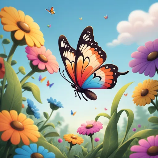 Prompt: just picture no wording

Chip looks up at a colorful butterfly fluttering by, with wide, curious eyes. Text: "What will I look like when I grow up?" Chip wondered.