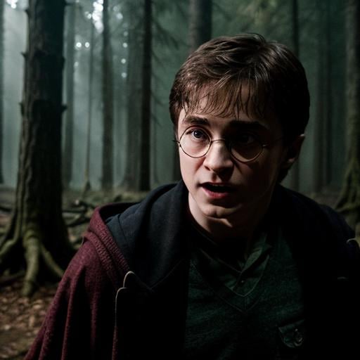 Prompt: harry potter gets hit with killing curse in the forbidden forest by voldemort
