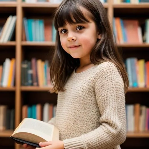 Prompt: little girl with dark brown hair, brown eyes, bangs and loves books & animals
