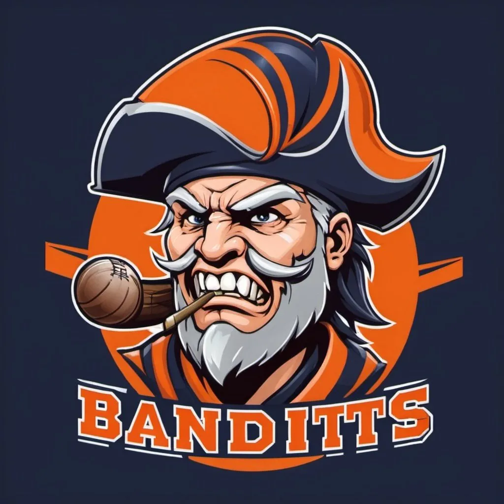 Prompt: A school mascot logo that is the portsmouth west bandits in orange font