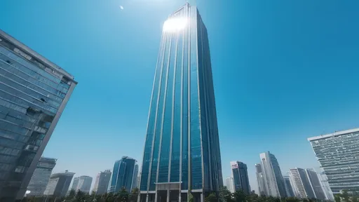 Prompt: a skyscraper in the middle of the picture, many office buildings surround it, the sky is blue, the time is noon, no trace of direct sun