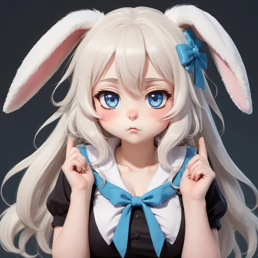 Prompt: a cute anime bunny girl with white hair and blue-colored eyes, wavy long hair, the fur on her ears is fluffy . her face forms a cute but annoyed expression furrowed brows ,full body, waifu, Top right corner signature: Pudgy Bunnies.
