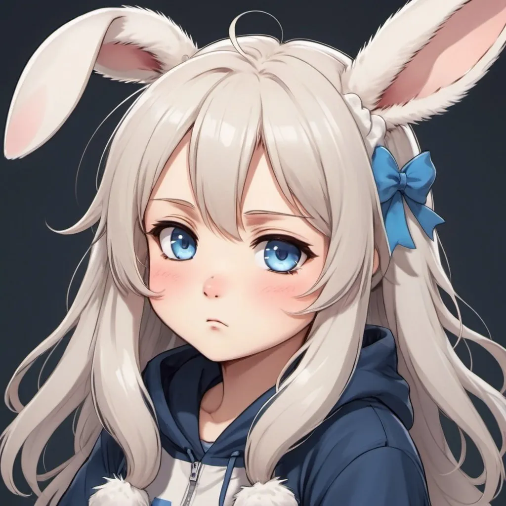 Prompt: a cute anime bunny girl with white hair and blue-colored eyes, wavy long hair, the fur on her ears is fluffy . her face forms a cute but annoyed expression furrowed brows ,full body, waifu, Top right corner signature: Pudgy Bunnies.