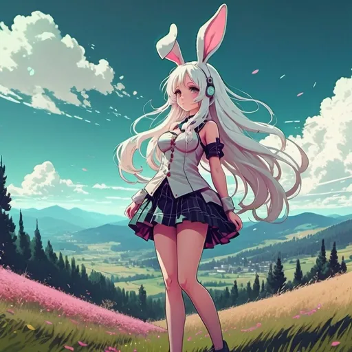 Prompt: a cute anime bunny girl, white hair, wavy long hair, full body picture, crypto, half machine.