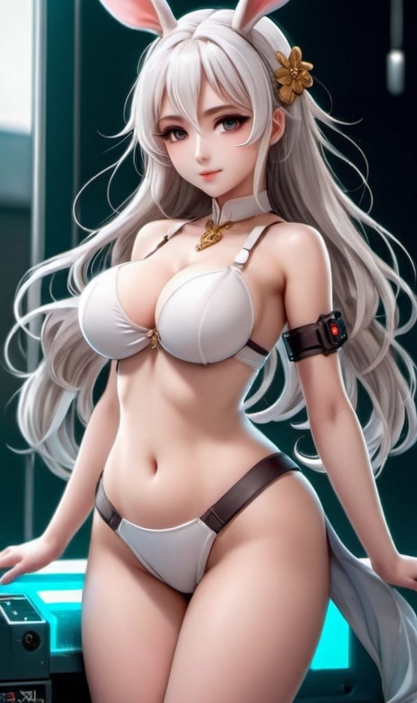 Prompt: a cute anime bunny girl, white hair, wavy long hair, full body picture, crypto, half machine.