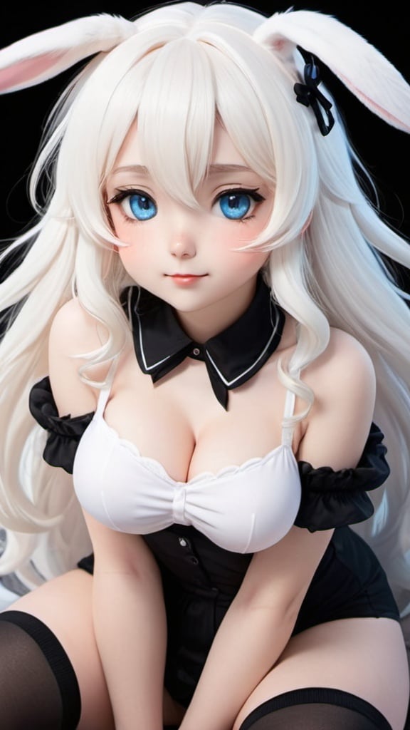 Prompt: a cute anime bunny girl with white hair and blue-colored eyes, wavy long hair, the fur on her ears is fluffy ,full body, 
matte black thigh socks, Top right corner signature: Pudgy Bunnies.