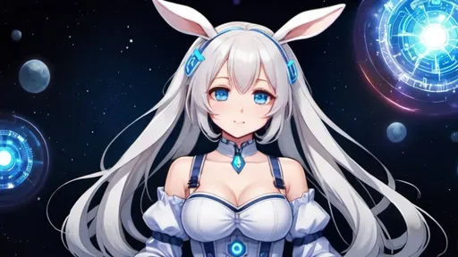 Prompt: a cute anime bunny girl, white hair, blue eyes, wavy long hair, full body picture, crypto, half machine, galaxy.