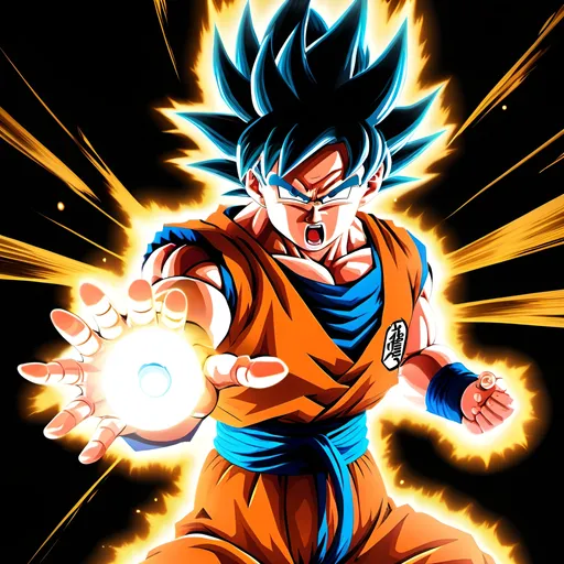 Prompt: Goku charging up a Kamehameha wave, his aura radiating intense energy.