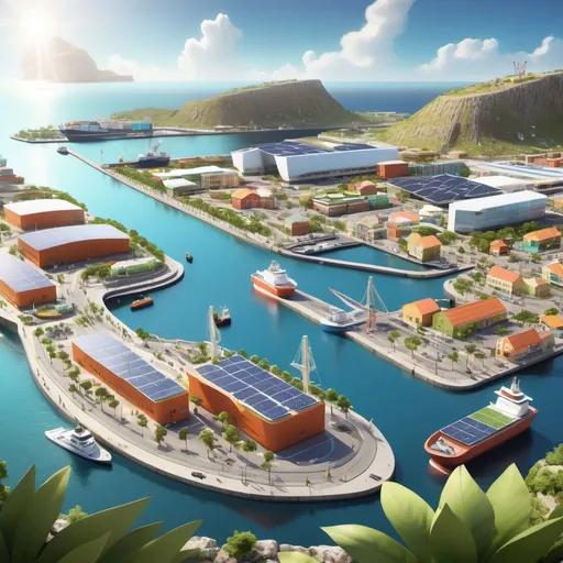 Prompt: Create a futuristic depiction of the Port of Curaçao, showcasing a vibrant and sustainable harbor. Include solar panels on buildings, wind turbines in the background, electric cargo ships docked at the port, and lush green spaces with native plants. Add people engaging in eco-friendly activities, such as cycling and using electric vehicles, to emphasize the transition to a sustainable future. Make sure that it is clear that it is the port of curacao. please add a biorefinery