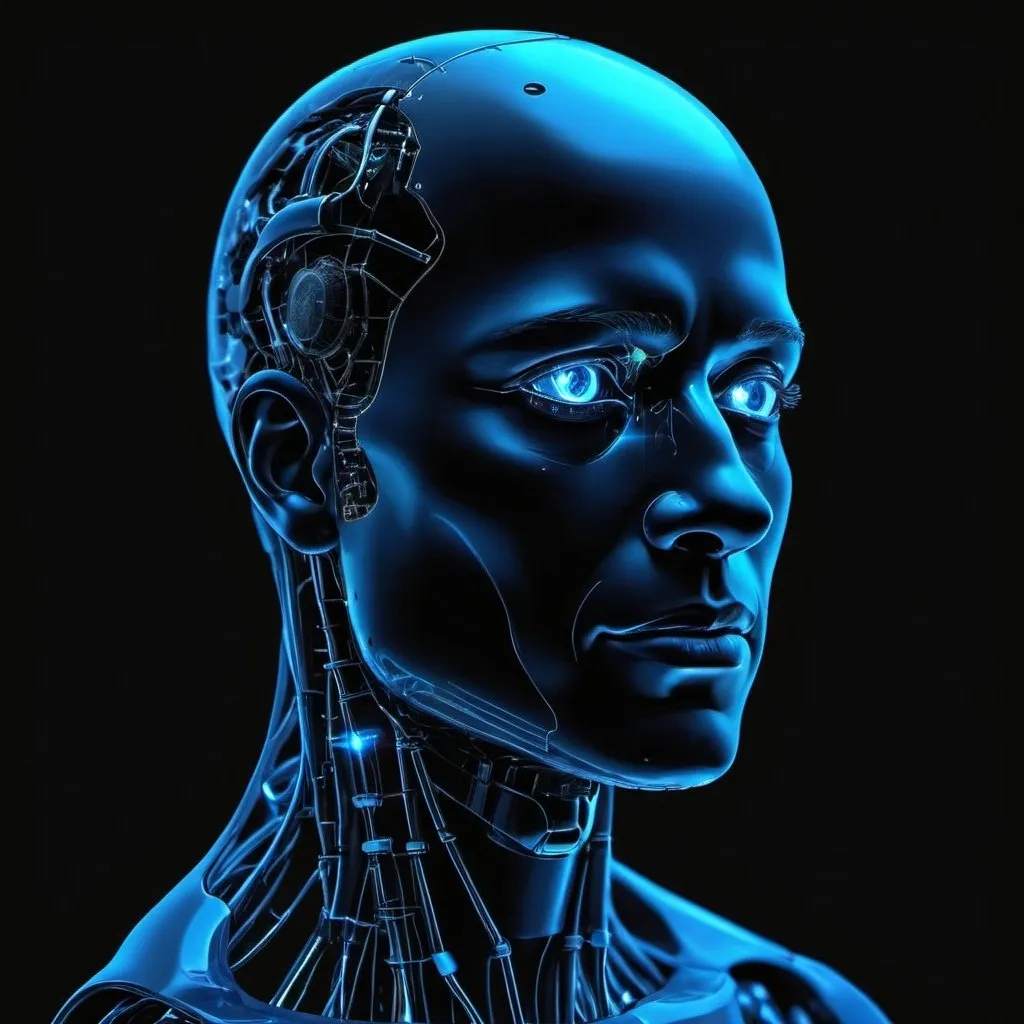 Prompt: A human head with blue light surrounding showing brilliant and smart, black background, illustrative, 3D visualization, bold, artificial intelligence, only head no neck or body, 45 degree facing towards us, just sketch no details 