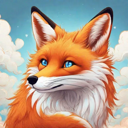 Prompt: Cartoonish illustration of an orange fox, bright blue eyes, looking at the sky, vibrant colors, detailed fur with soft shading, clear expressions, whimsical style, bright and cheerful, best quality, highres, detailed fur, vibrant colors, cartoonish, expressive eyes, whimsical, clear expressions, atmospheric lighting